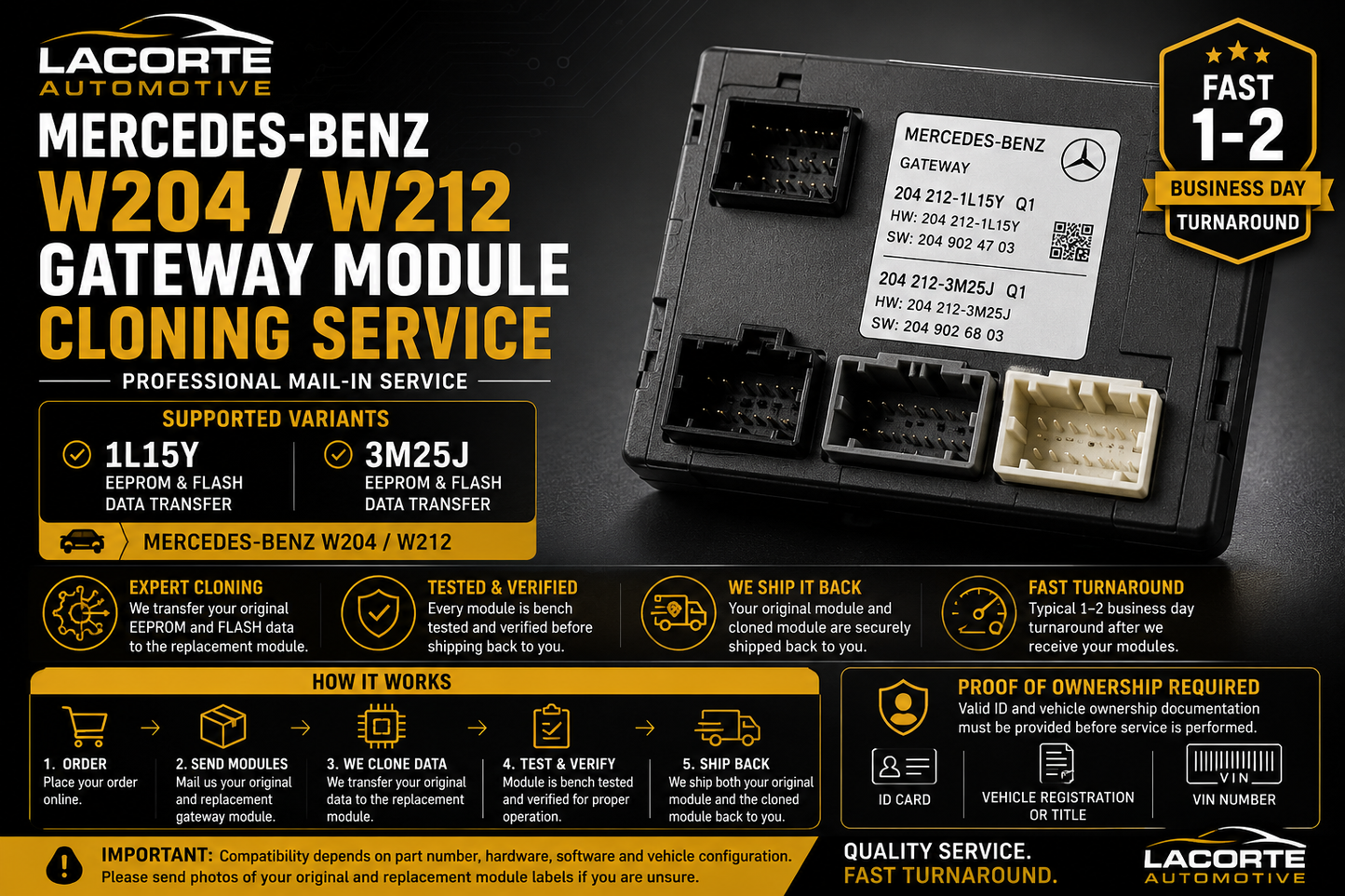Mercedes-Benz W204 / W212 Gateway Module Cloning Service – 1L15Y & 3M25J