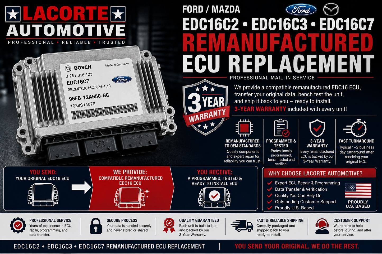 Ford / Mazda EDC16C2 / EDC16C3 / EDC16C7 Remanufactured ECU Replacement | 3-Year Warranty