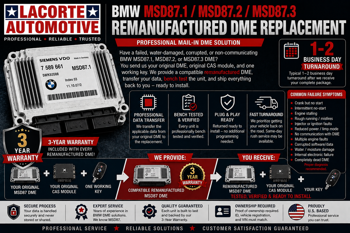 BMW MSD87.1 / MSD87.2 / MSD87.3 Remanufactured DME Replacement | 3-Year Warranty