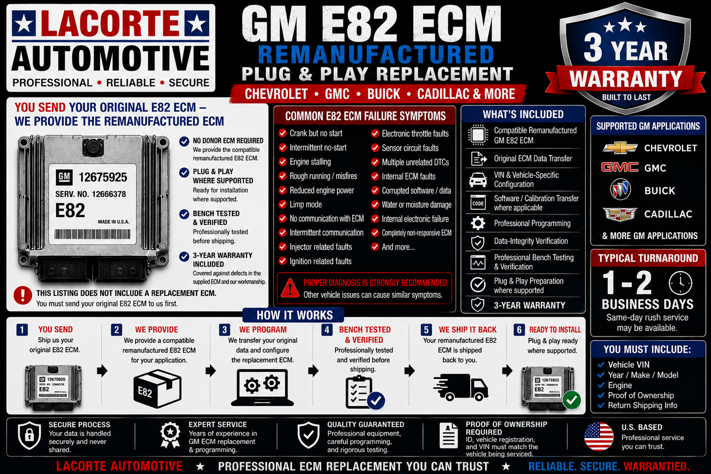 GM E82 ECM Remanufactured Plug & Play Replacement – Chevrolet GMC Buick Cadillac – 3 Year Warranty