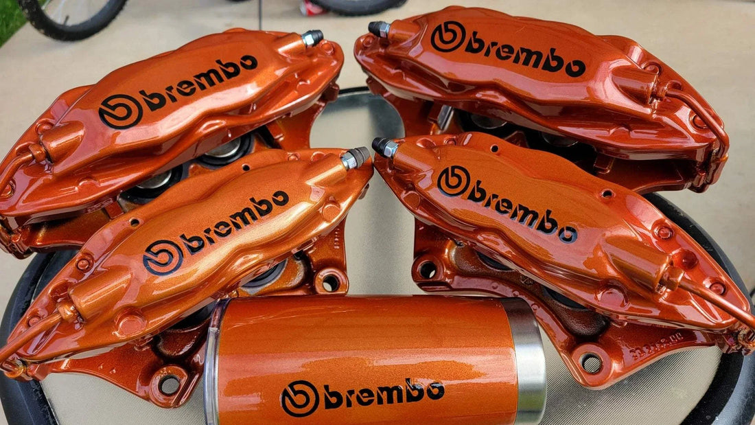 Close-up of a custom powder-coated brake caliper showcasing durable, heat-resistant finish and vibrant color options