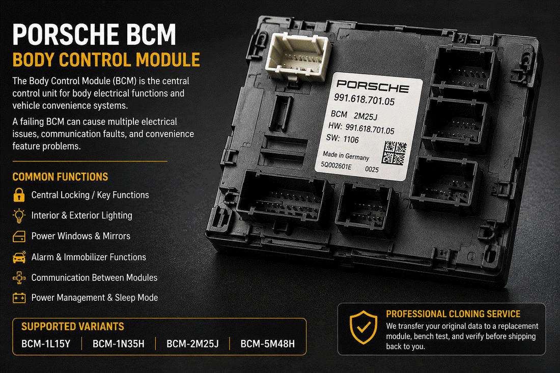 Porsche Body Control Module BCM cloning service with tested and verified mail-in data transfer for 1L15Y, 1N35H, 2M25J, and 5M48H variants