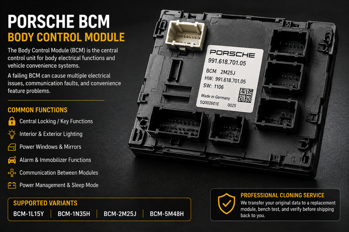 Porsche Body Control Module BCM cloning service with tested and verified mail-in data transfer for 1L15Y, 1N35H, 2M25J, and 5M48H variants