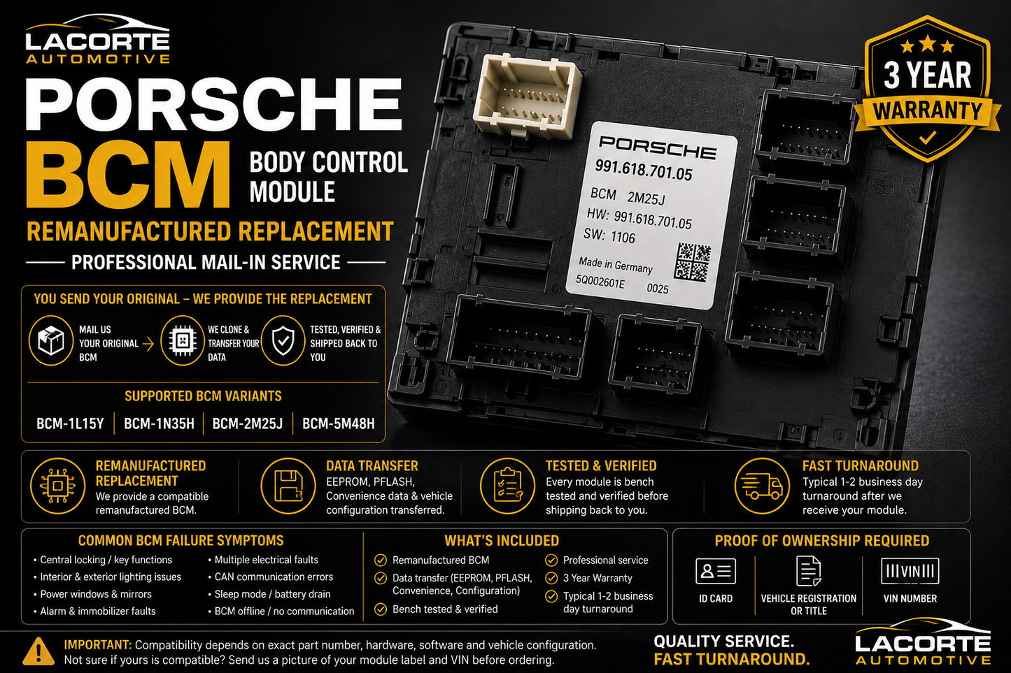 Porsche BCM Remanufactured Replacement & Data Transfer – 3-Year Warranty