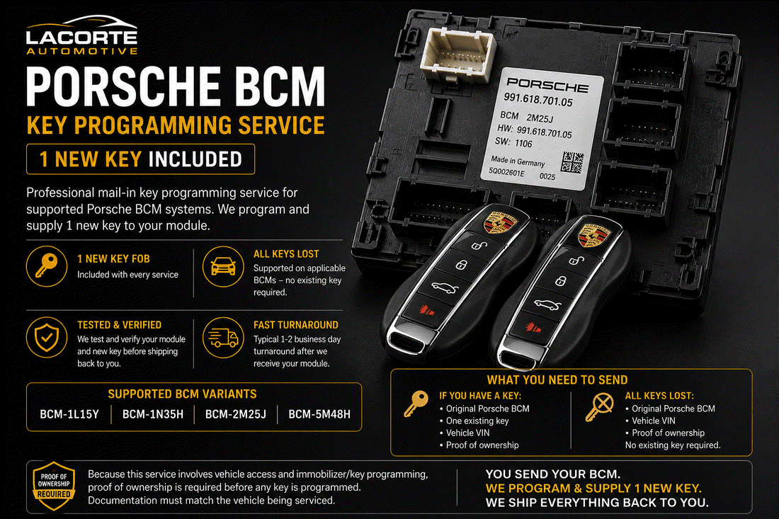 Porsche BCM key fob with new programmed key for all keys lost mail-in service