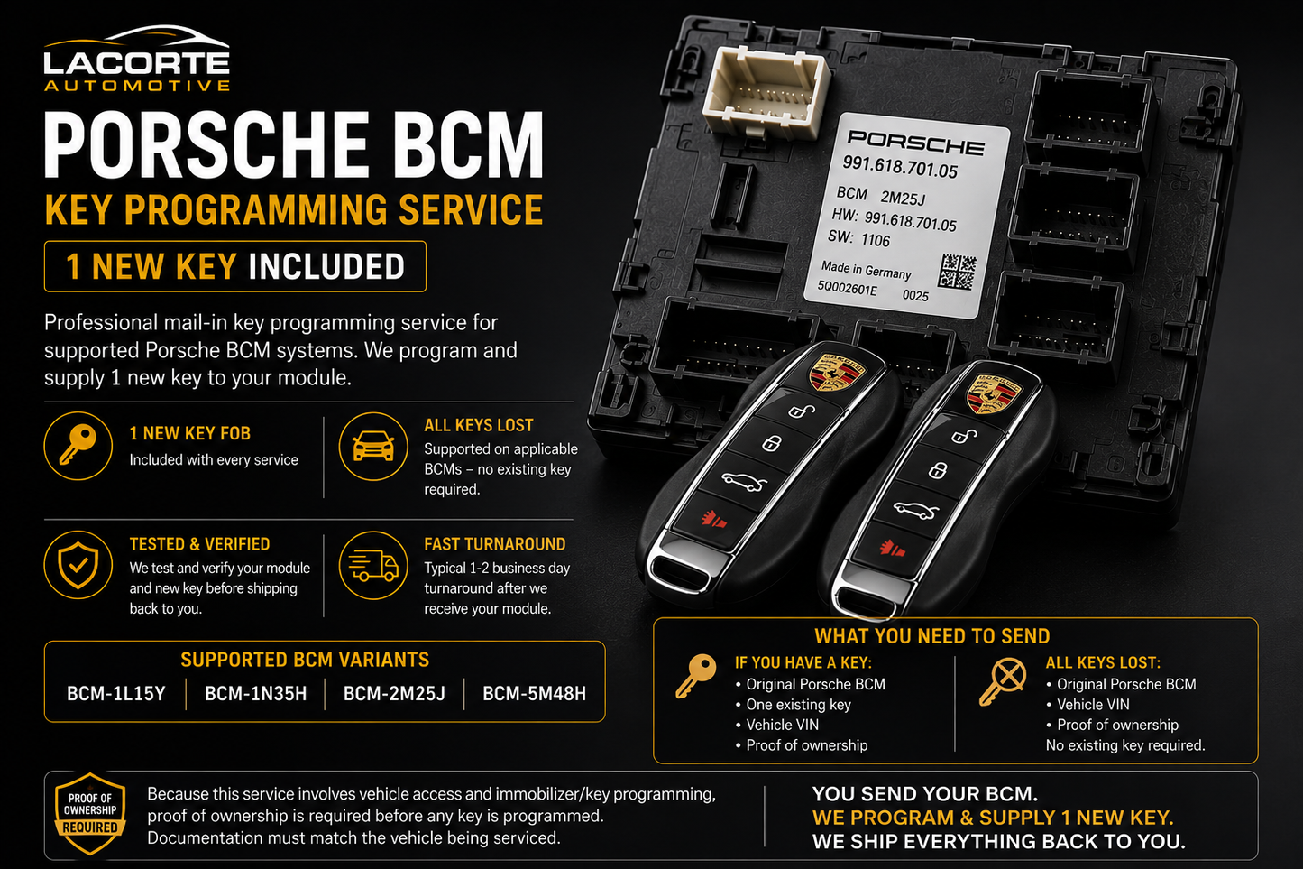 Porsche BCM Key Fob Programming Service – 1 New Key | All Keys Lost Supported | Mail-In
