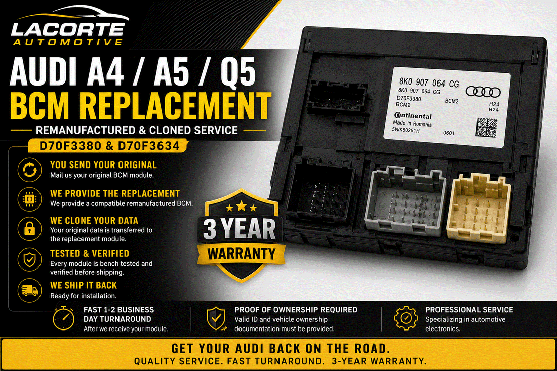Audi A4 BCM remanufactured replacement module with 3-year warranty by Lacorte Automotive