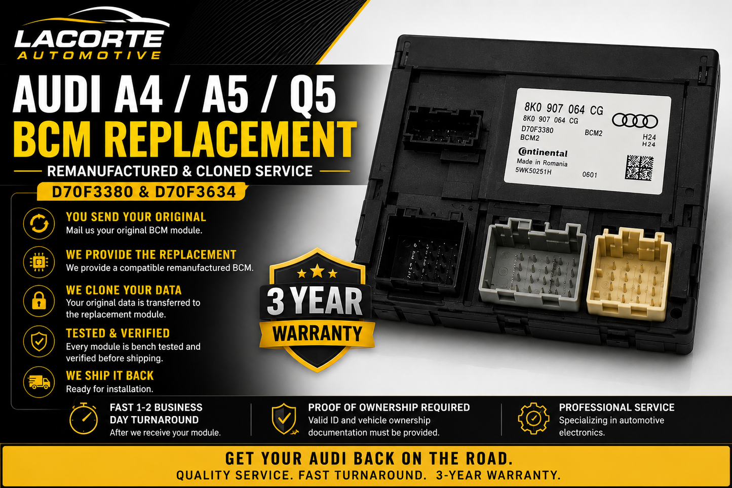 Audi A4 / A5 / Q5 BCM Remanufactured & Cloned Replacement – 3-Year Warranty