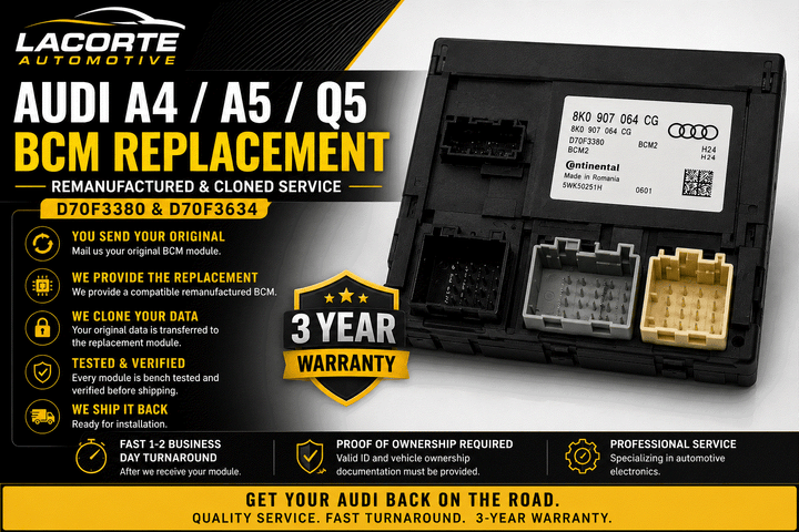 Audi A4 BCM remanufactured replacement module with 3-year warranty by Lacorte Automotive