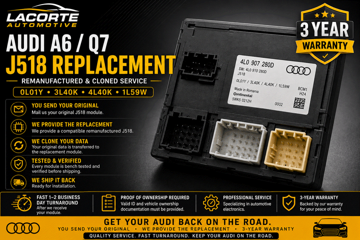 Audi A6 J518 remanufactured access start authorization module replacement with 3-year warranty