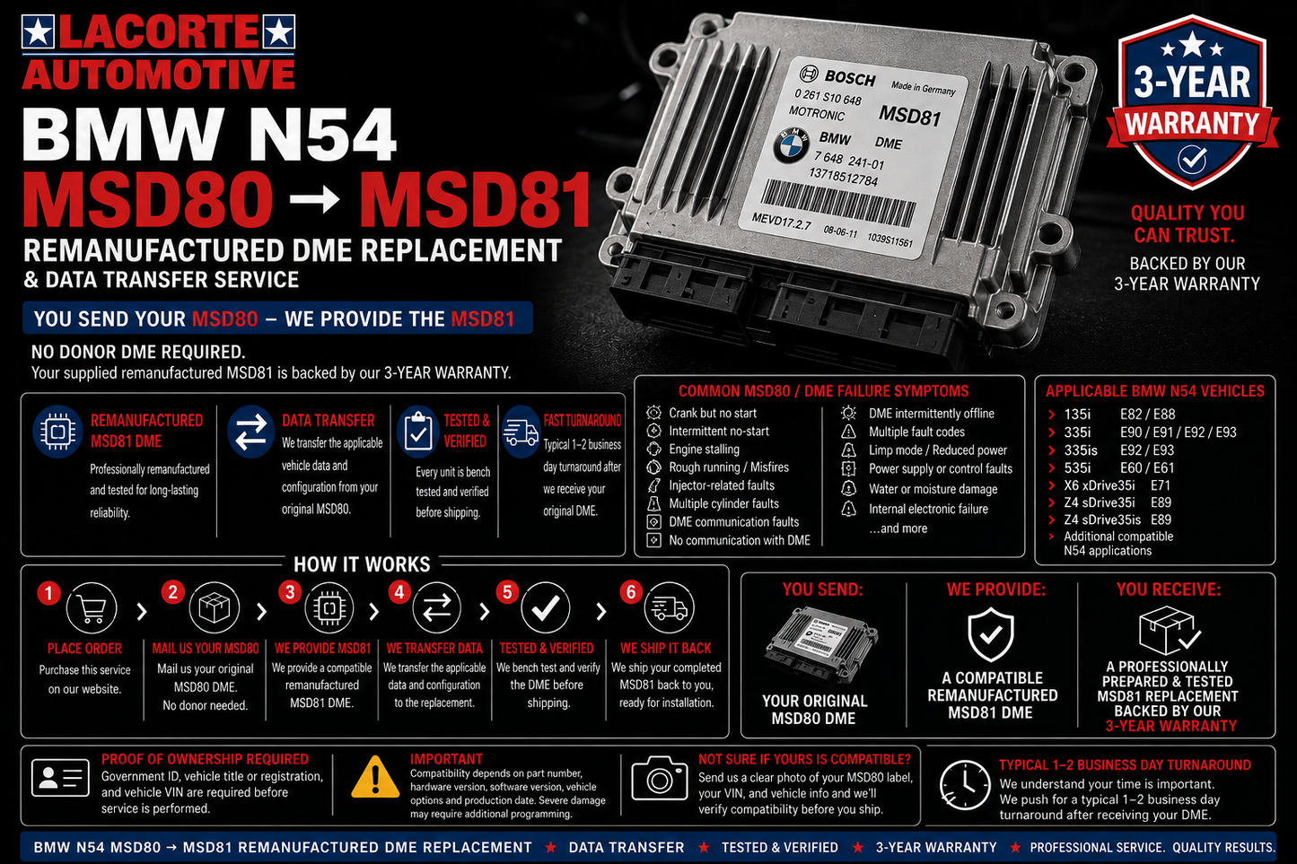 BMW MSD80 to MSD81 Remanufactured DME Replacement & Data Transfer | 3-Year Warranty