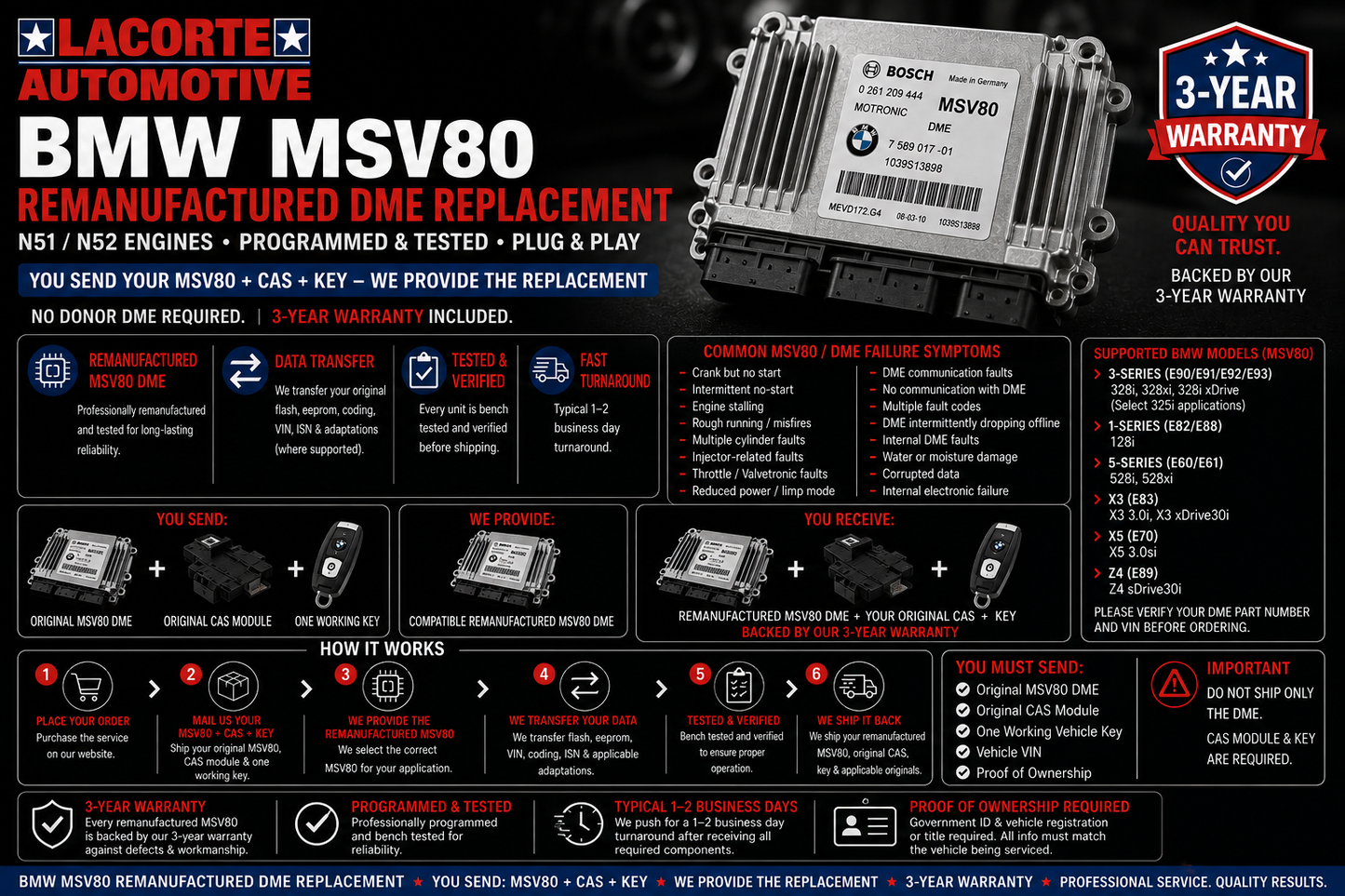 BMW MSV80 Remanufactured DME Replacement – N51/N52 | Programmed & Tested | 3-Year Warranty