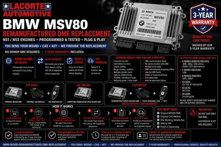 BMW MSV80 DME remanufactured replacement module for N51/N52 engines programmed and tested with 3-year warranty