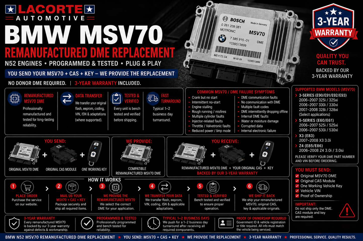 BMW MSV70 Remanufactured DME Replacement – N52 | Programmed & Tested | 3-Year Warranty