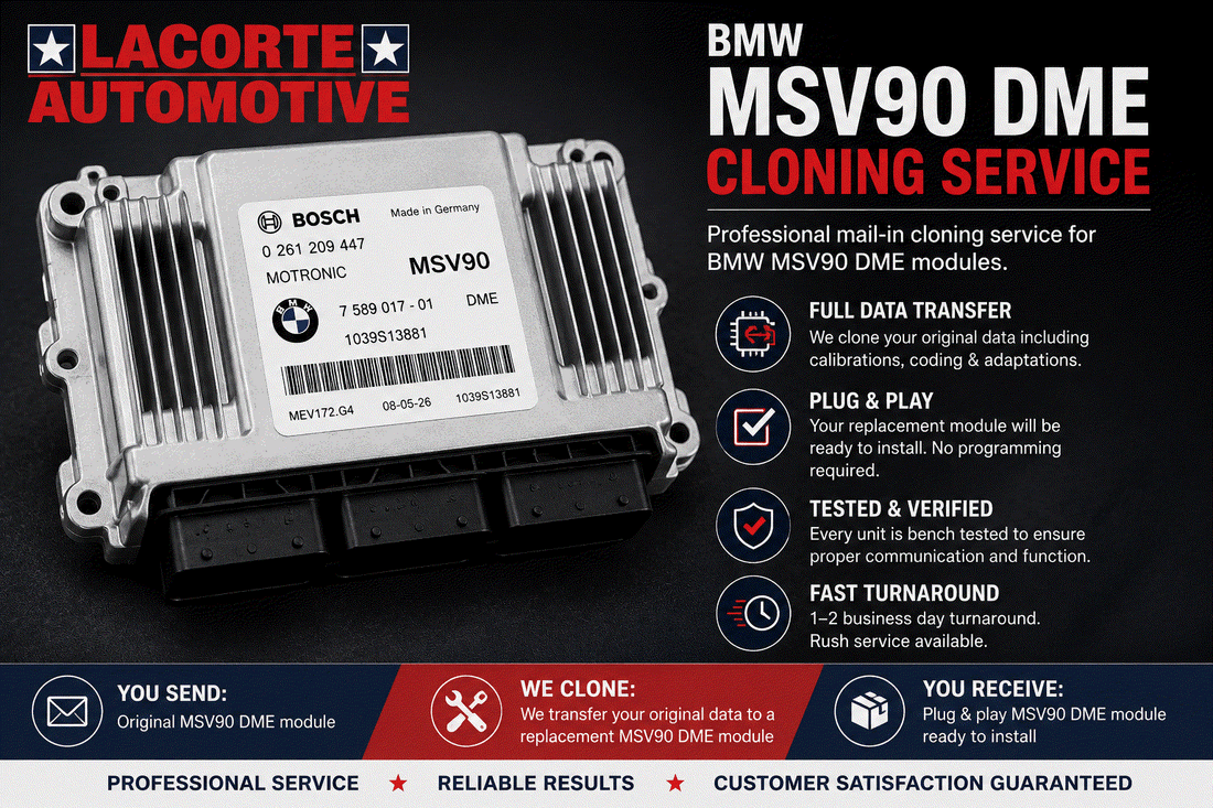 BMW MSV90 DME cloning service components including original and replacement modules, CAS, and key