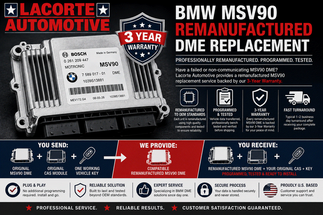 BMW MSV90 DME remanufactured replacement device with programming and 3-year warranty