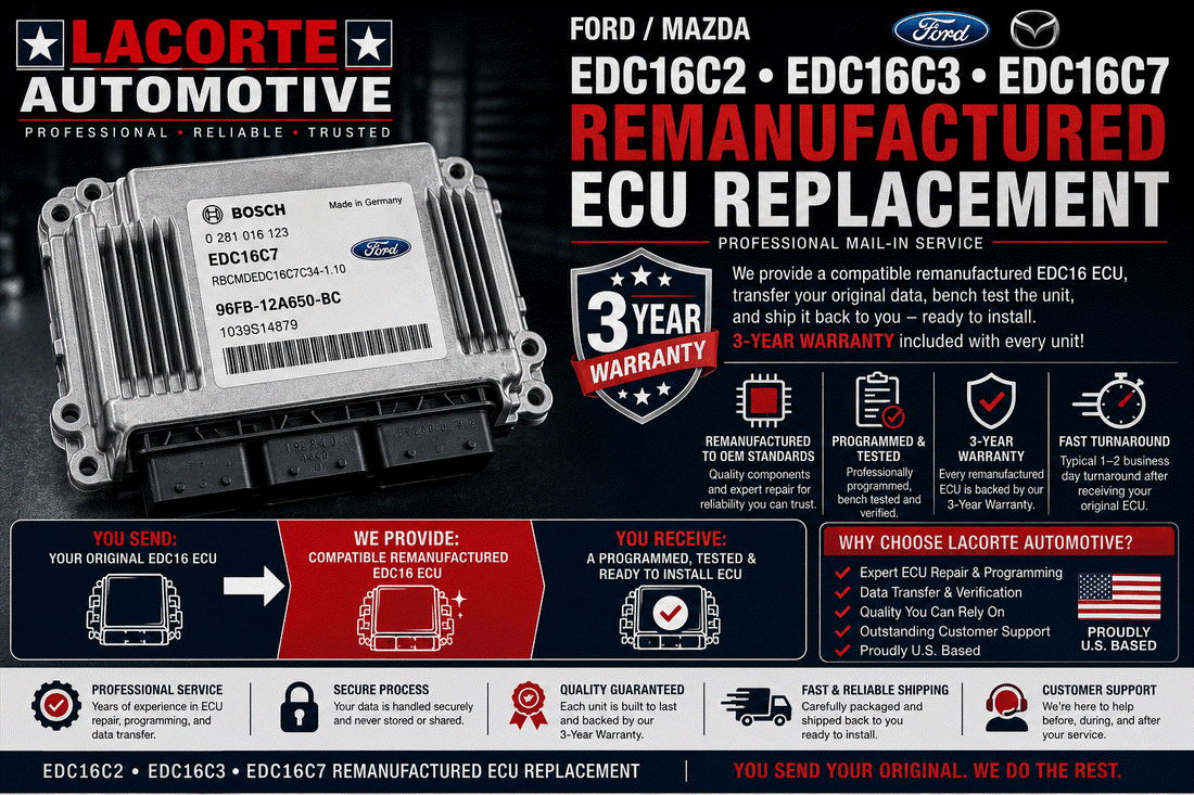 Ford Mazda EDC16C2 remanufactured ECU replacement with 3-year warranty and professional programming
