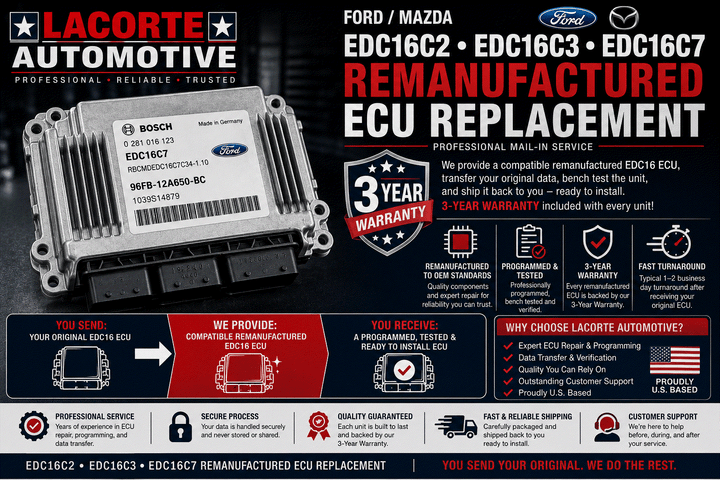 Ford Mazda EDC16C2 remanufactured ECU replacement with 3-year warranty and professional programming