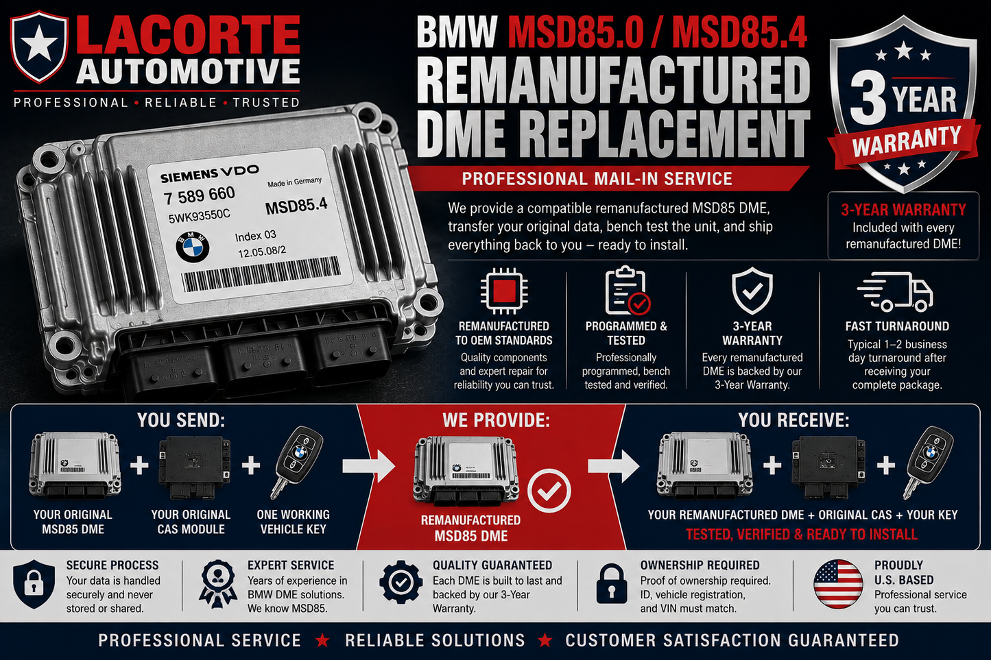 BMW MSD85.0 / MSD85.4 Remanufactured DME Replacement | Programmed & Tested | 3-Year Warranty