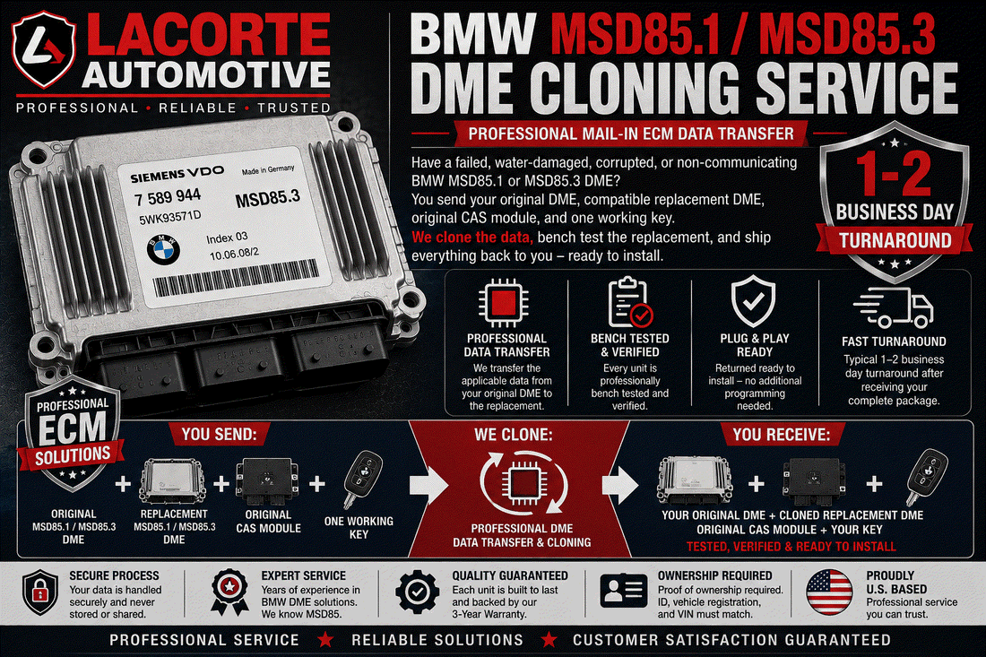 BMW MSD85.1 and MSD85.3 DME modules for cloning and professional mail-in ECM data transfer service