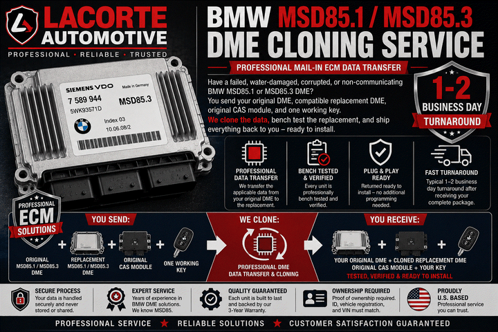 BMW MSD85.1 and MSD85.3 DME modules for cloning and professional mail-in ECM data transfer service