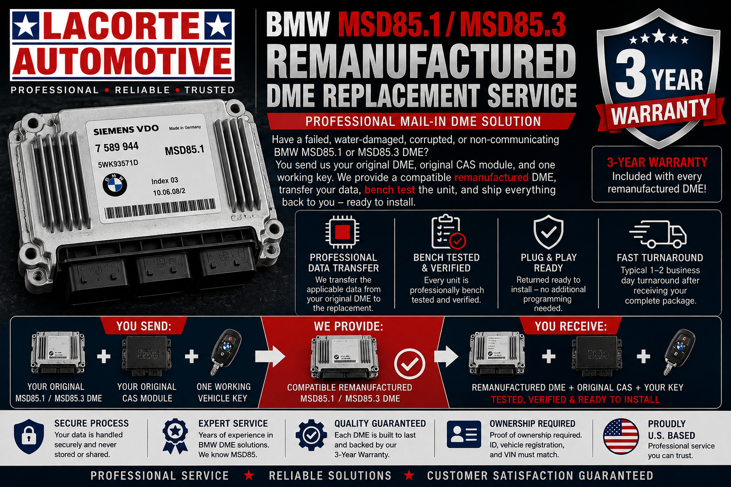 BMW MSD85.1 / MSD85.3 Remanufactured DME Replacement | 3-Year Warranty