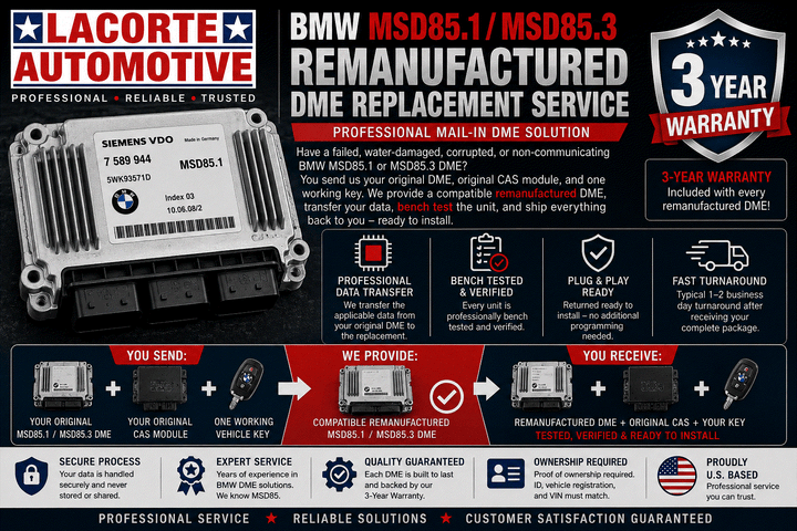 BMW MSD85.1 remanufactured DME replacement with 3-year warranty and data transfer service