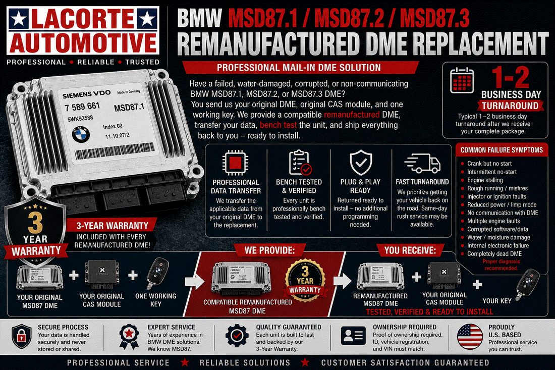 BMW MSD87.1 remanufactured DME replacement unit with 3-year warranty