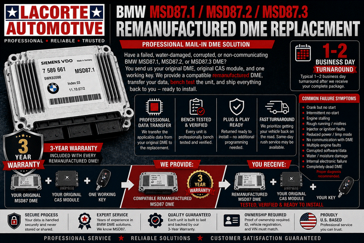 BMW MSD87.1 remanufactured DME replacement unit with 3-year warranty