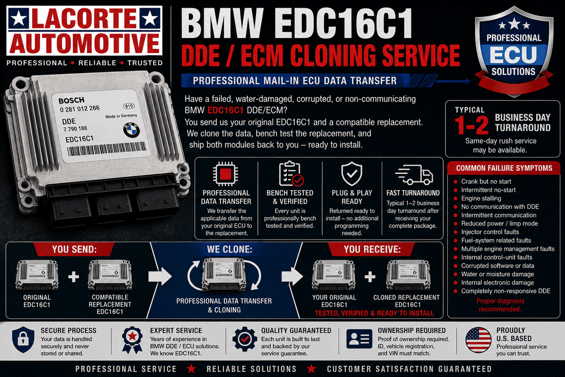 BMW EDC16C1 diesel engine control module cloning and data transfer service with original and replacement ECUs