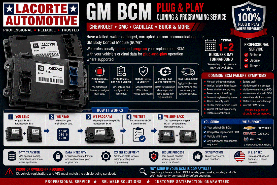 GM BCM cloning service with original and replacement modules for Chevrolet, GMC, Cadillac, and Buick vehicles