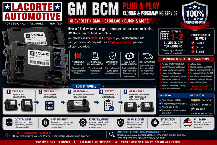 GM BCM cloning service with original and replacement modules for Chevrolet, GMC, Cadillac, and Buick vehicles