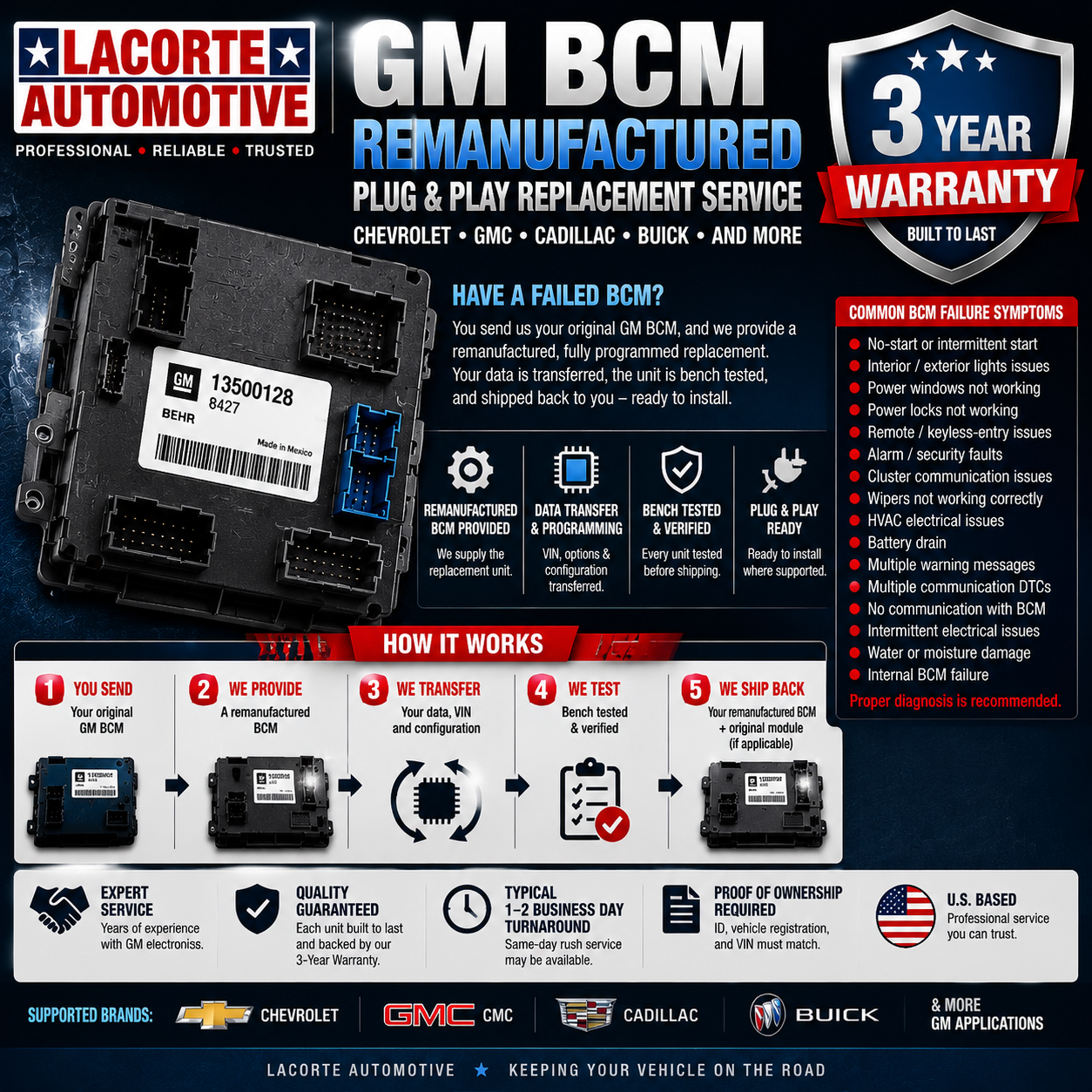 GM BCM Remanufactured Plug & Play Replacement – Chevrolet GMC Cadillac Buick – 3 Year Warranty