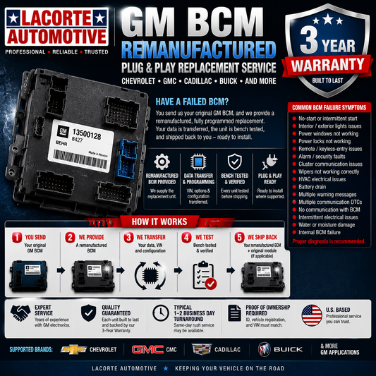 GM BCM Remanufactured Plug & Play Replacement – Chevrolet GMC Cadillac Buick – 3 Year Warranty