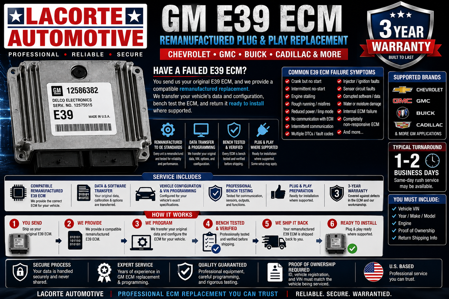GM E39 ECM Remanufactured Plug & Play Replacement – Chevrolet GMC Buick Cadillac – 3 Year Warranty