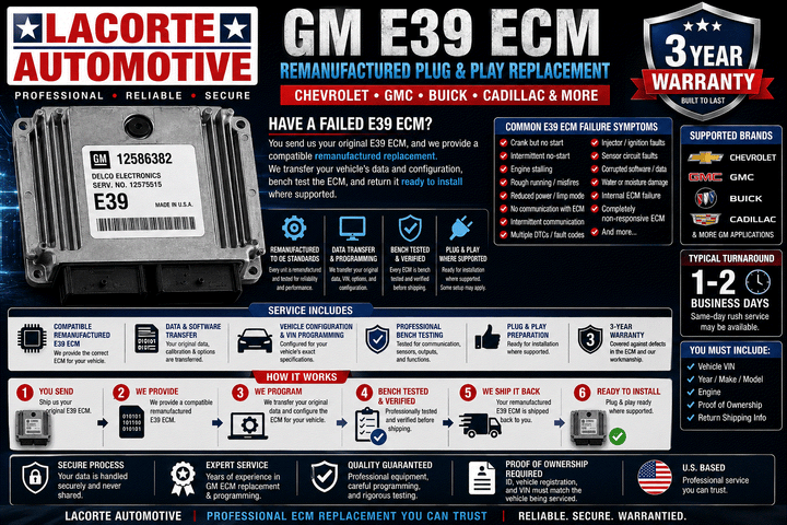 GM E39 ECM remanufactured replacement module with 3-year warranty for Chevrolet GMC Buick Cadillac vehicles