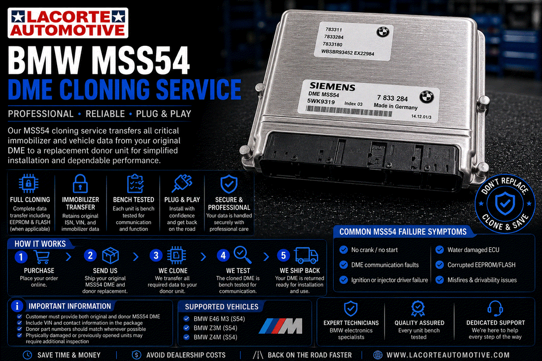 BMW MSS54 DME cloning service showing original and donor engine control units for plug-and-play transfer