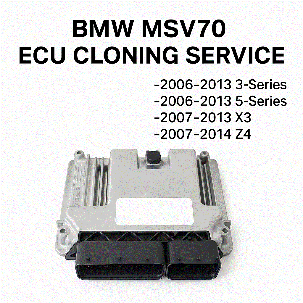 BMW MSV70 ECU cloning service kit with original and replacement DME, CAS module, and key for data transfer and bench verification