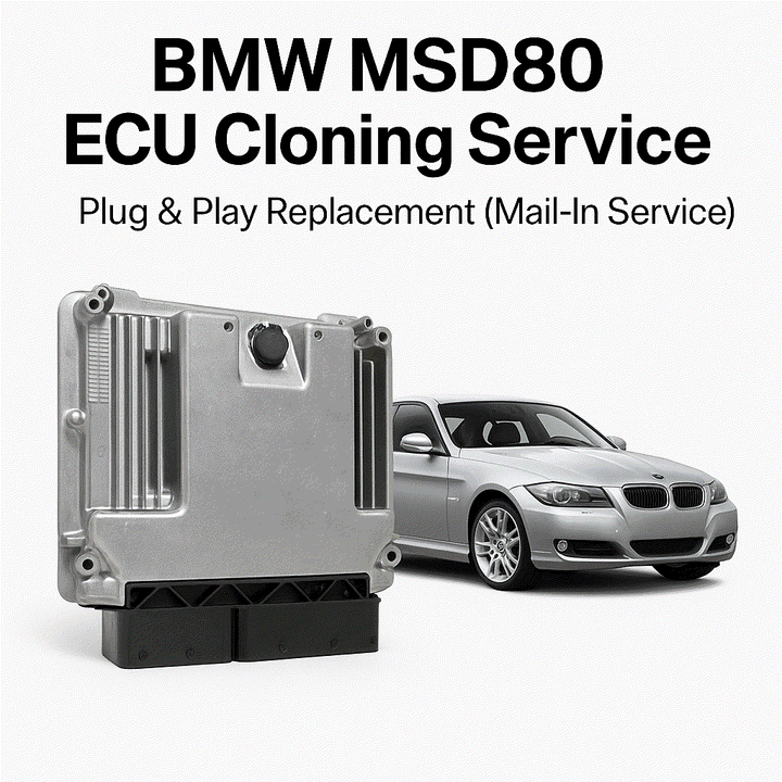 BMW MSD80 ECU unit showing plug-and-play cloning service for N54 engine models