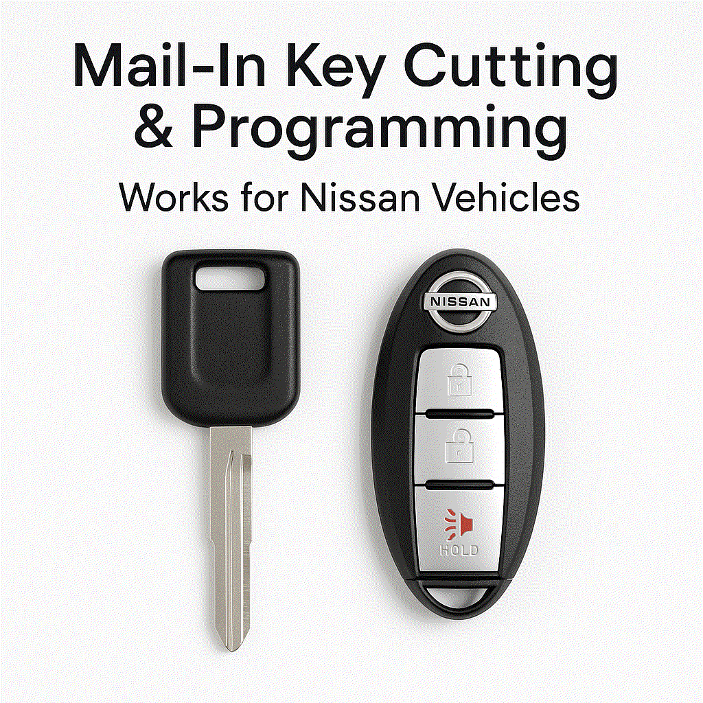 Nissan Mail-In Key Cutting and Programming service with new key and fob options for various Nissan models