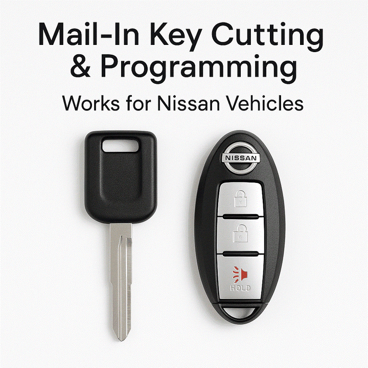 Nissan Mail-In Key Cutting and Programming service with new key and fob options for various Nissan models