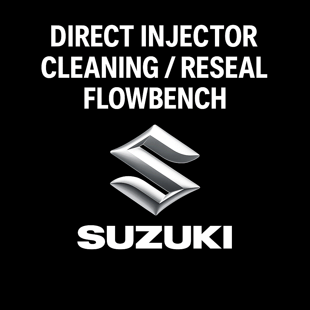 Technician testing, cleaning, and resealing Suzuki direct injectors with ultrasonic and flowbench equipment