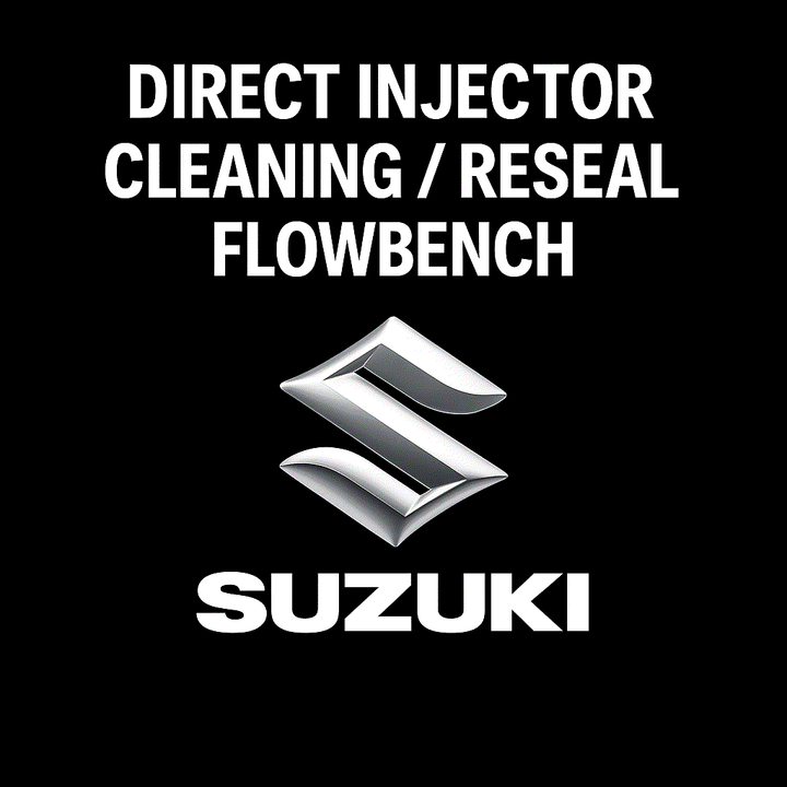 Technician testing, cleaning, and resealing Suzuki direct injectors with ultrasonic and flowbench equipment