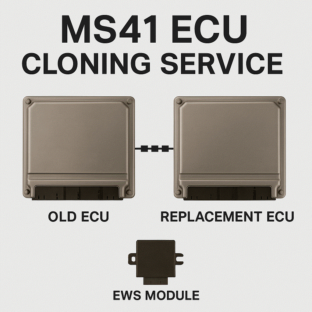 BMW MS41 ECU cloning service showing electronic control units and programming tools for plug-and-play ECU transfer
