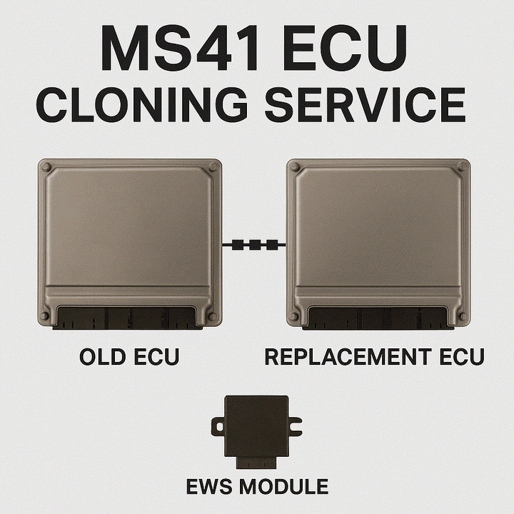BMW MS41 ECU cloning service showing electronic control units and programming tools for plug-and-play ECU transfer