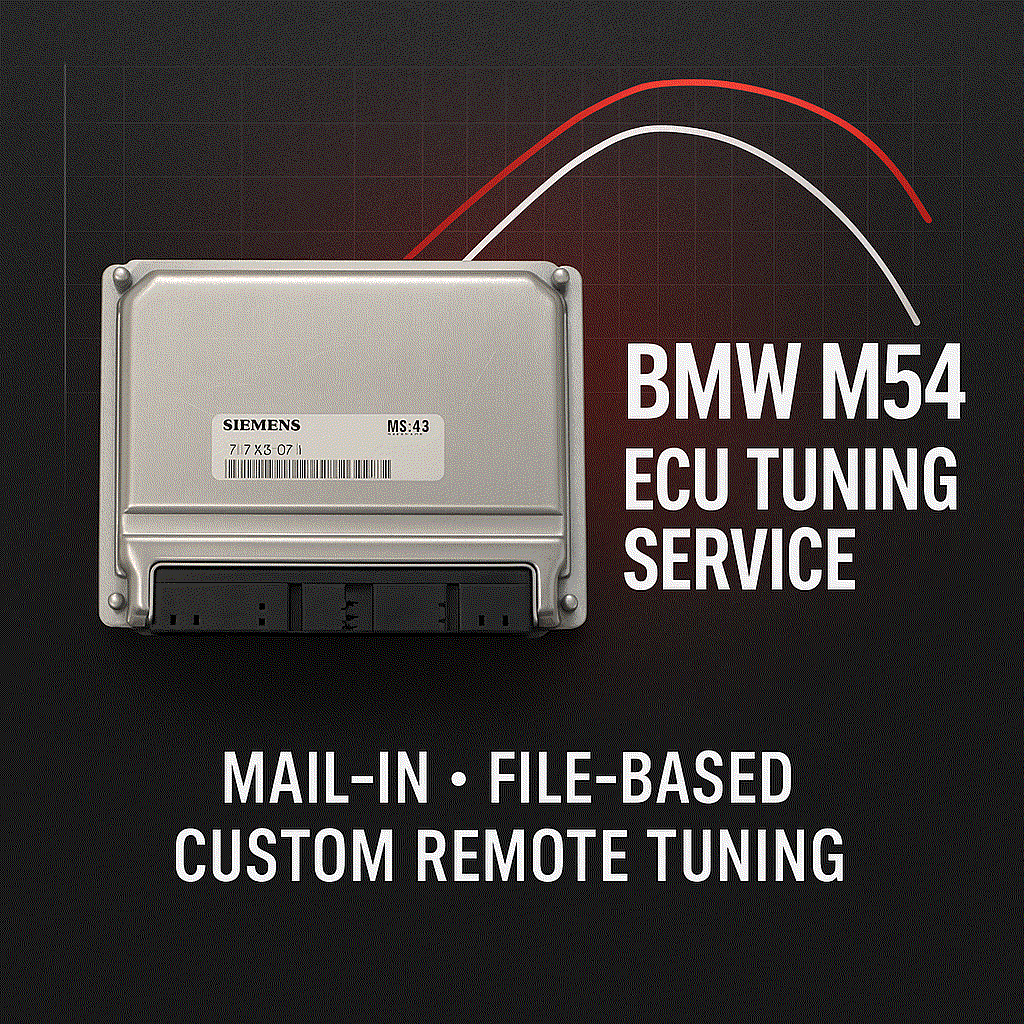 BMW M54 ECU tuning service with mail-in, file-based, and custom remote tuning options showcasing ECU hardware and calibration software.