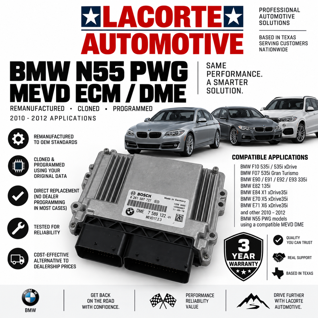 BMW N55 PWG MEVD ECM -Remanufactured & Cloned – 3 Year Warranty