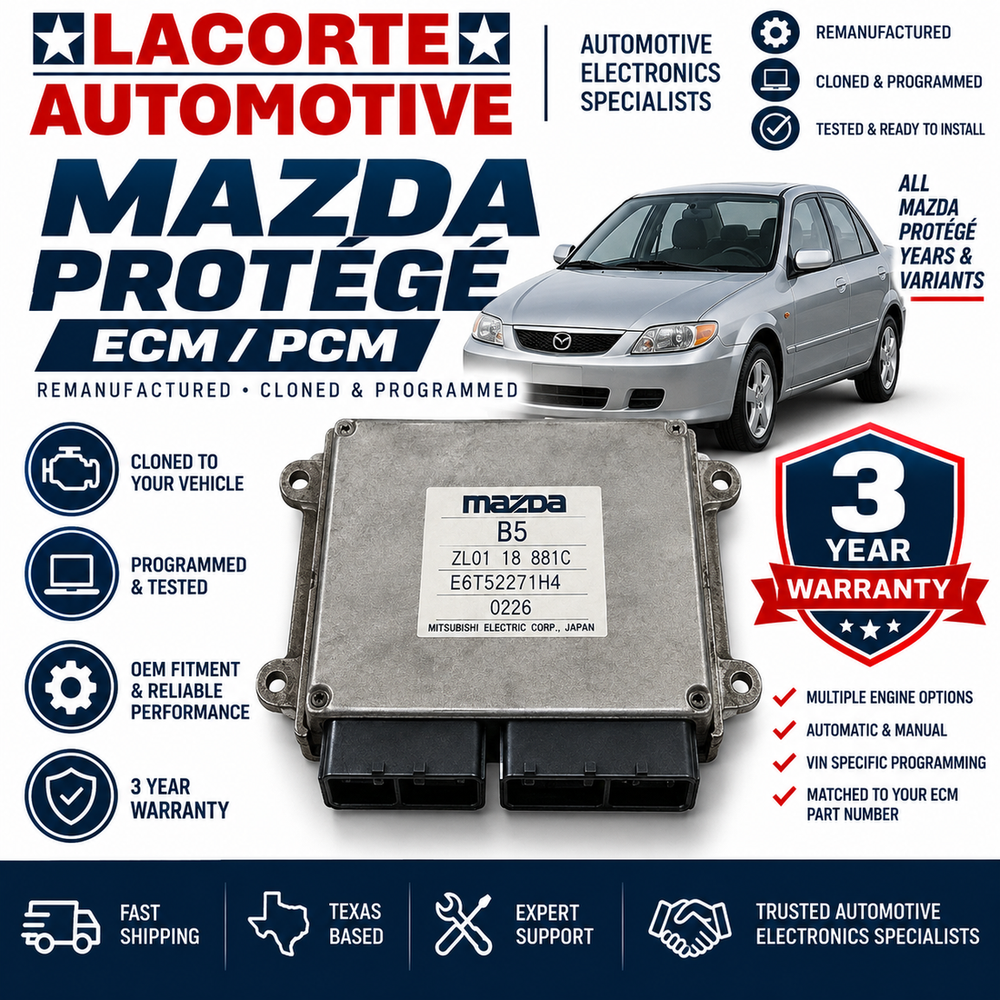 Mazda Protégé Remanufactured ECM / PCM – Cloned & Programmed – 3 Year Warranty