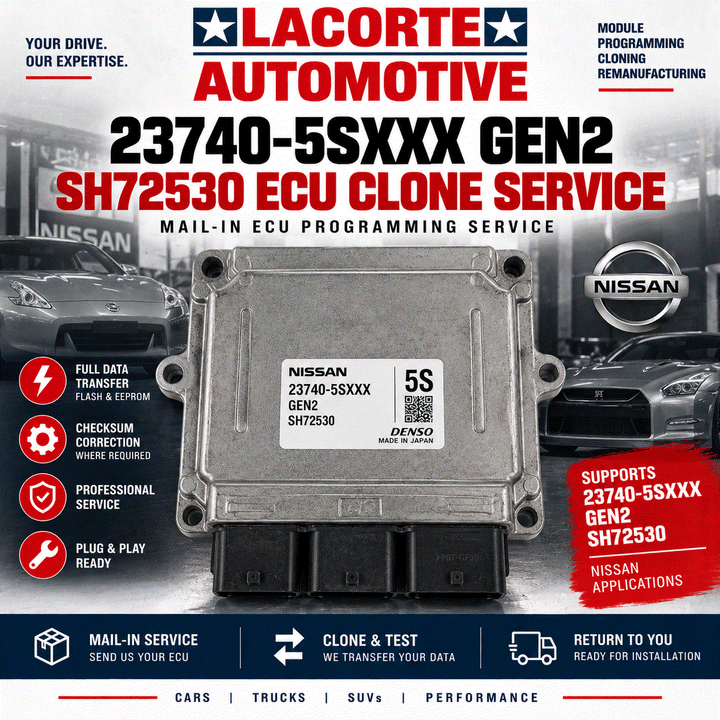 Nissan 23740-5Sxxx Gen2 SH72530 ECU clone service with original and replacement modules for mail-in programming