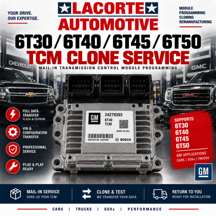 GM 6T30 6T40 6T45 6T50 transmission control modules for mail-in cloning and programming service by LaCorte Automotive